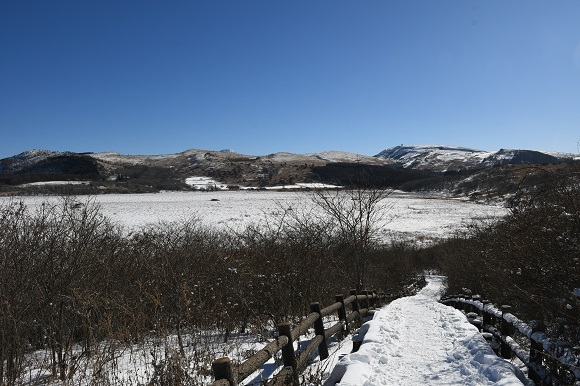 木道と湿原が雪で白い