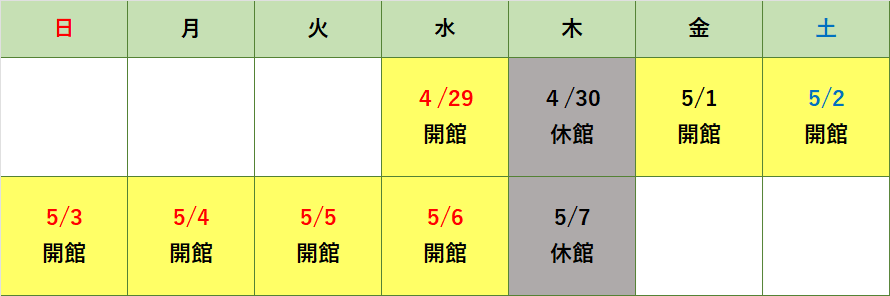 ４月29日水曜日開館、４月30日木曜日休館、５月６日水曜日開館、５月７日木曜日休館、そのほかは開館