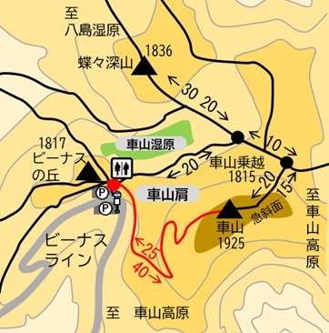 車山肩から車山山頂周辺の地図